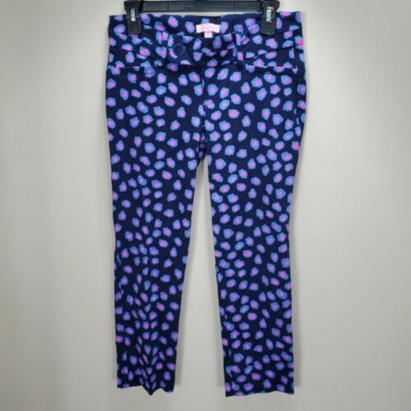 Lilly Pulitzer printed luxury capris Spotted Ankle Pants Zip navy pink Sz 0 flat - Picture 1 of 11